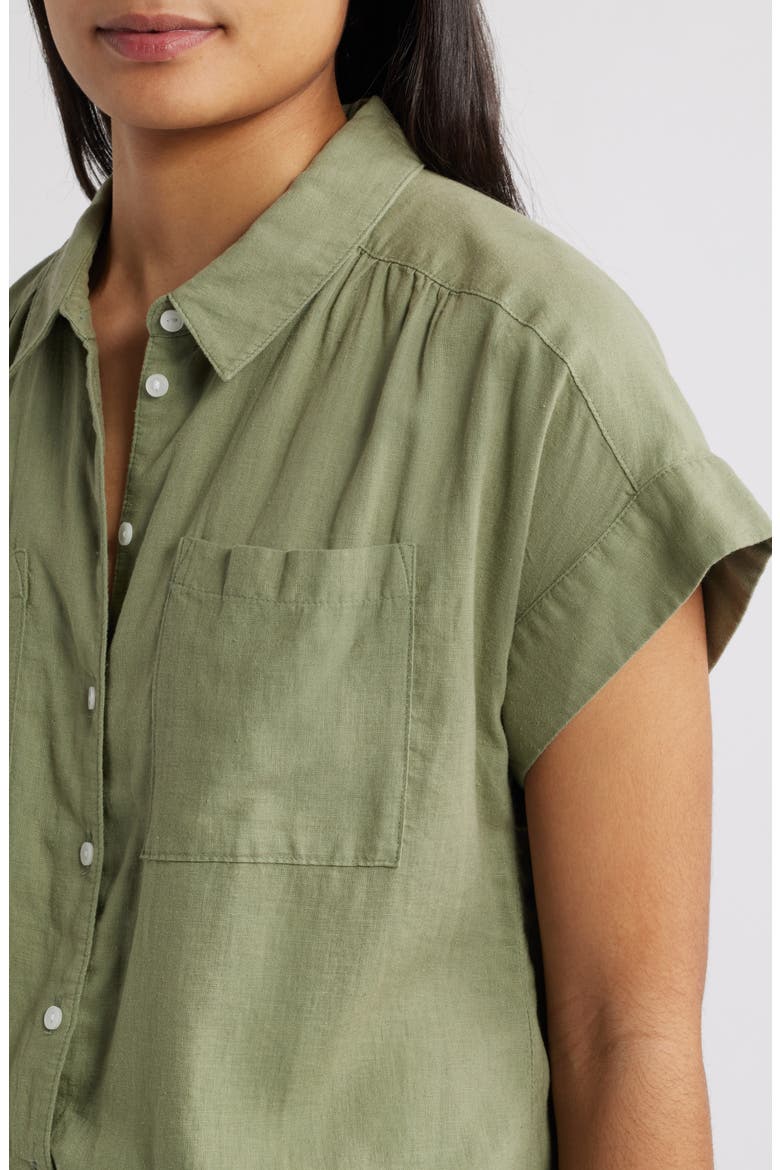 Linen Blend Short Sleeve Button-Up Shirt, Alternate, color, OLIVE ACORN