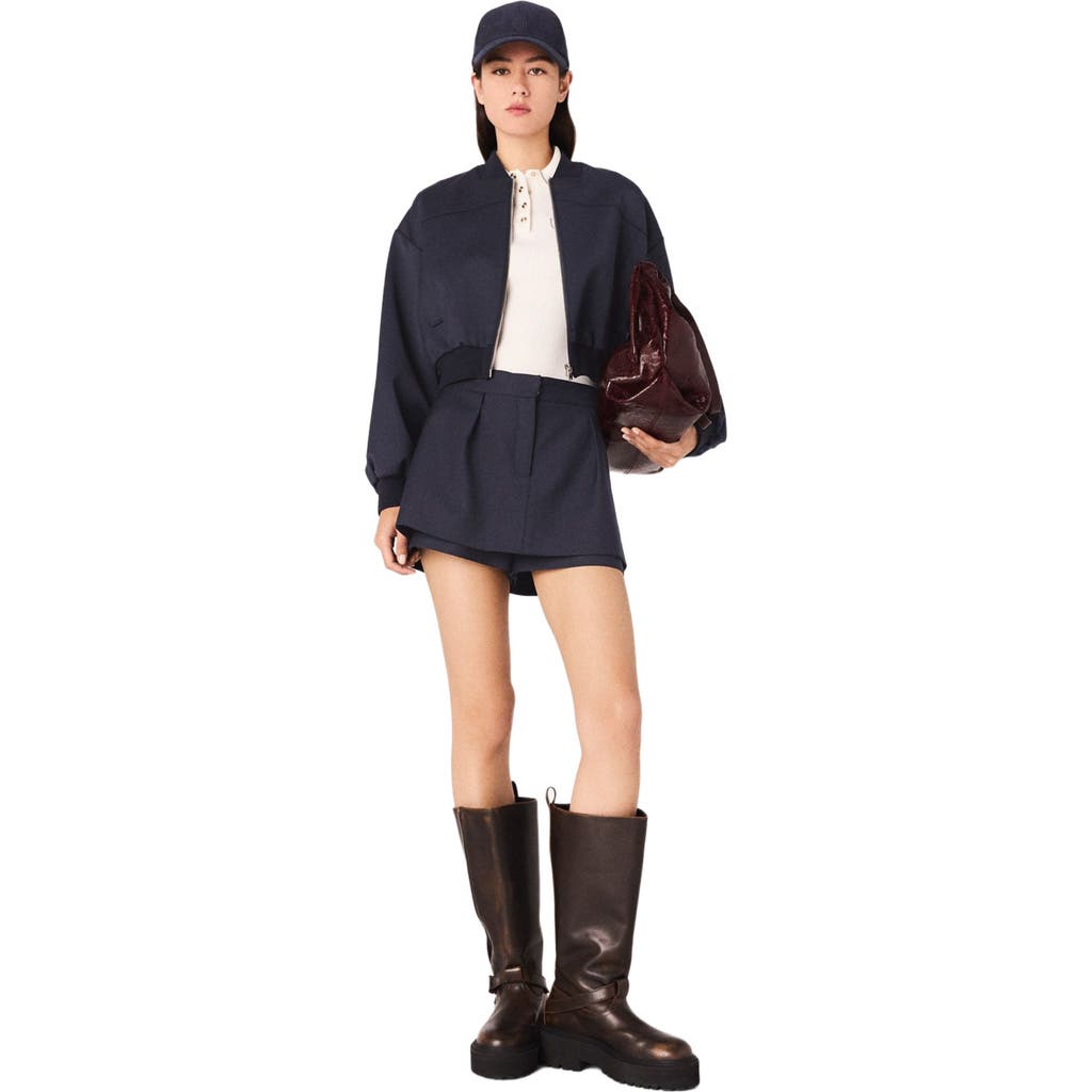 Maje Zipped Mixed Wool Bomber In Black