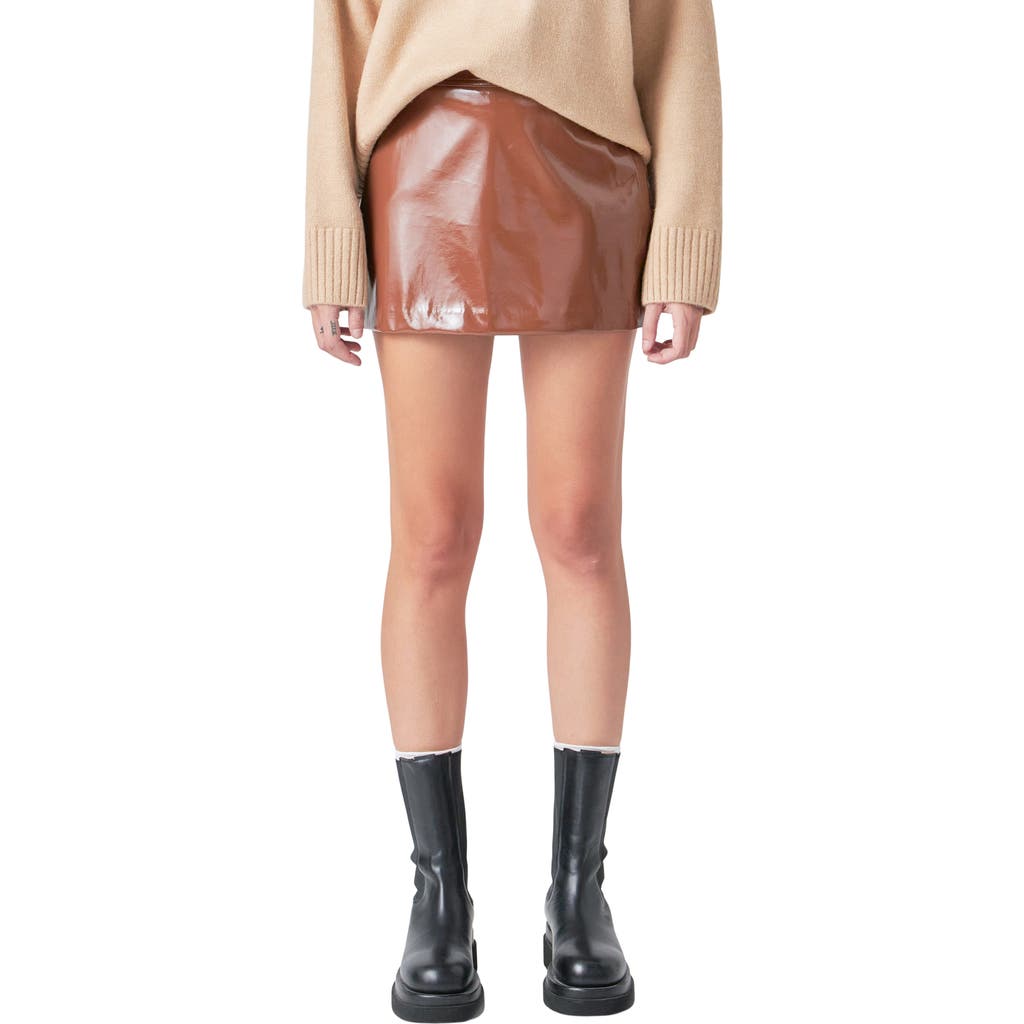 Grey Lab Glossy Faux Leather Skort in Brown