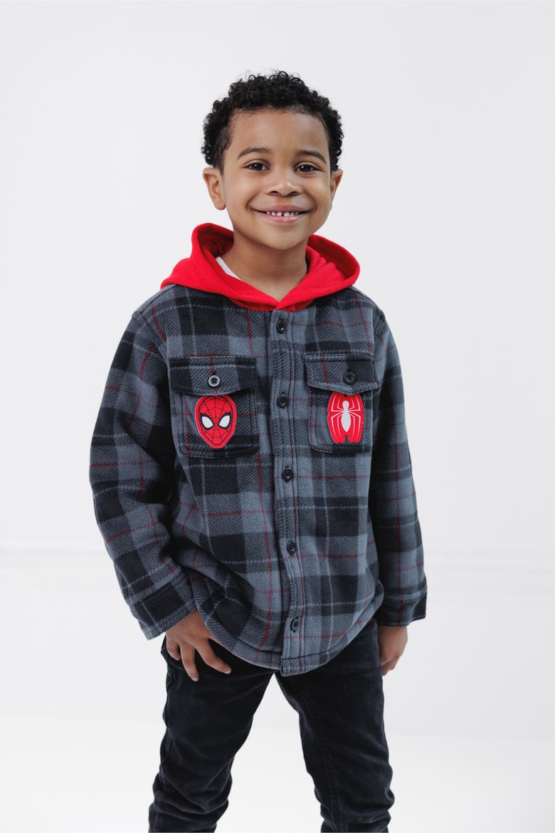 Spider-Man Fleece Hooded Shirt Jacket, Alternate, color, Black Red Spider Man