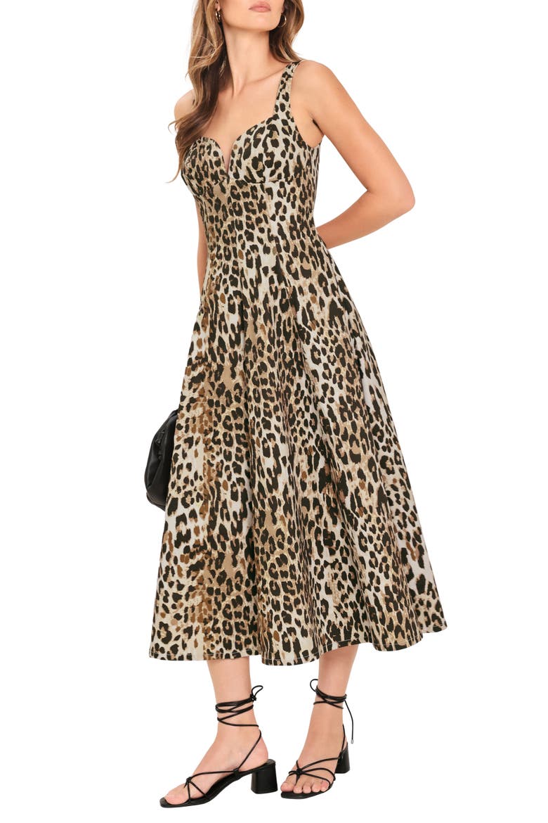 Leopard Print Stretch Cotton Fit & Flare Midi Dress, Alternate, color, LEOPARD