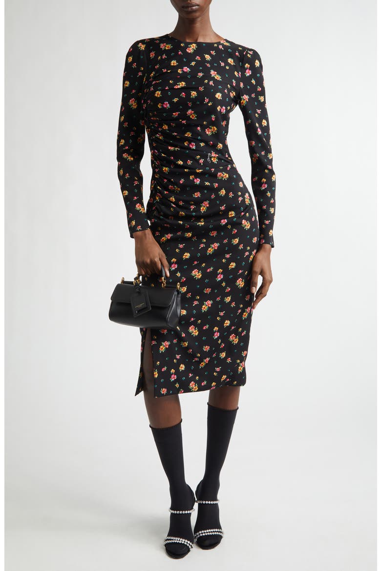 Floral Print Long Sleeve Charmeuse Midi Dress, Main, color, NERO