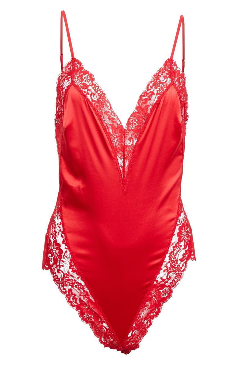 Fleur Du Mal Lace Trim Silk Blend Teddy, Main, color, Rouge
