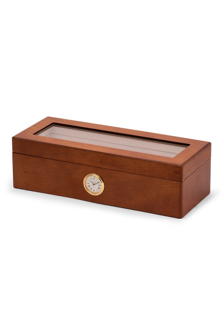 Cherry Wood 4-Watch Storage Case with Clock, Main, color, BROWN