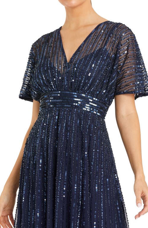 Mac Duggal Empire Waist Embellished Short Sleeve Dress In Blue