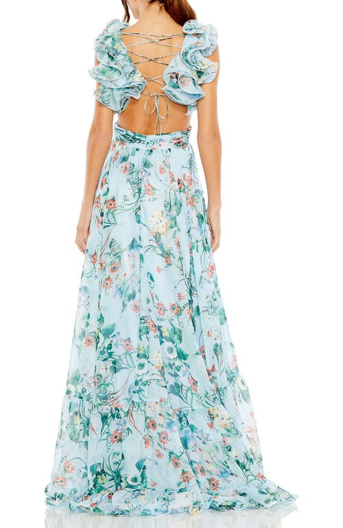 Mac Duggal Chiffon Cut-out Lace-up Back Gowm In Blue Multi