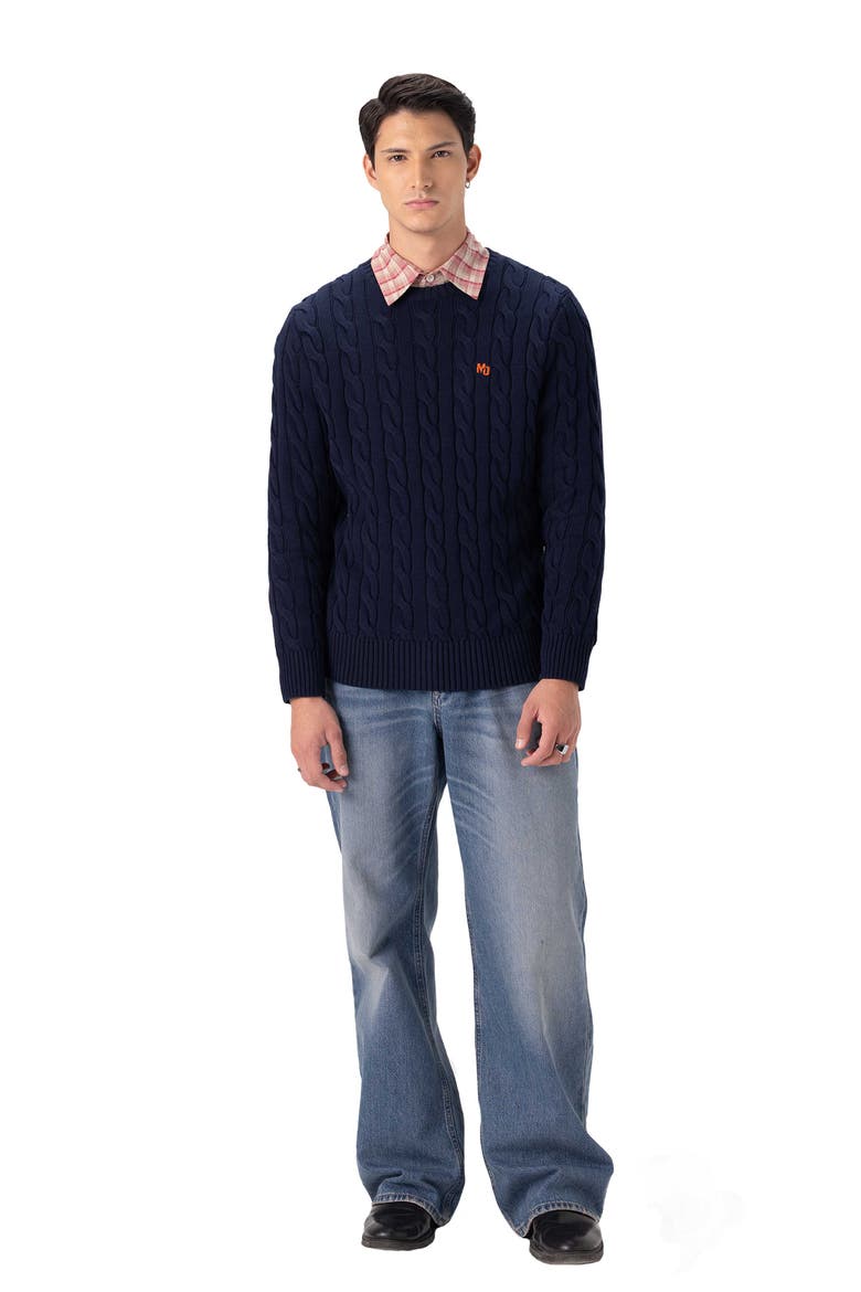 Men's Crew Neck Cable Sweater, Alternate, color, Navy