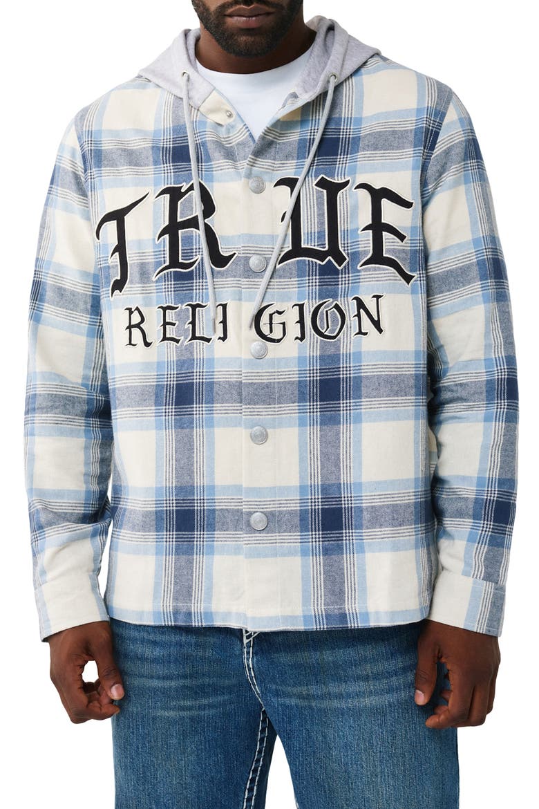Hooded Flannel Snap-Up Shirt, Main, color, WINTER WHITE / BLUE
