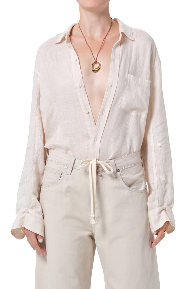 Kayla Button-Up Linen Shirt, Main, color, PALE STONE