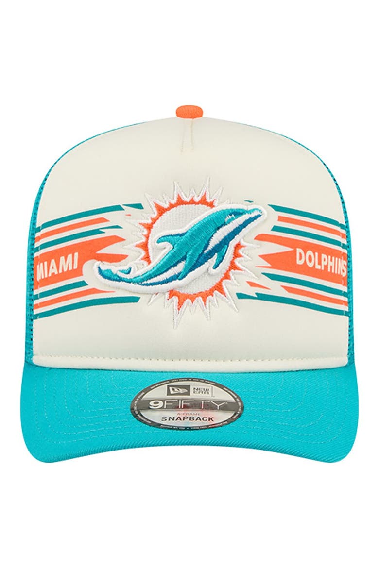 Men's New Era  Cream/Aqua Miami Dolphins Banner A-Frame 9FIFTY Trucker Snapback Hat, Alternate, color, Cream