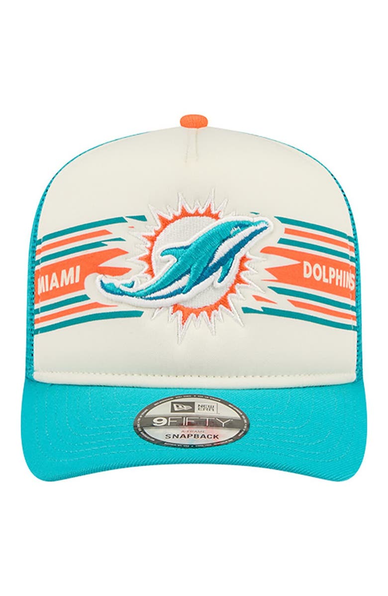 New Era Men's New Era  Cream/Aqua Miami Dolphins Banner A-Frame 9FIFTY Trucker Snapback Hat, Alternate, color, Cream