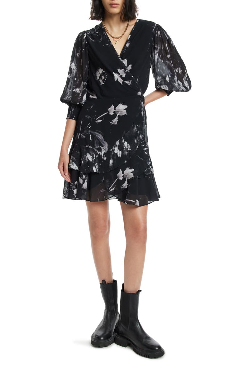 Ari Pauline Floral Print Faux Wrap Dress, Main, color, BLACK