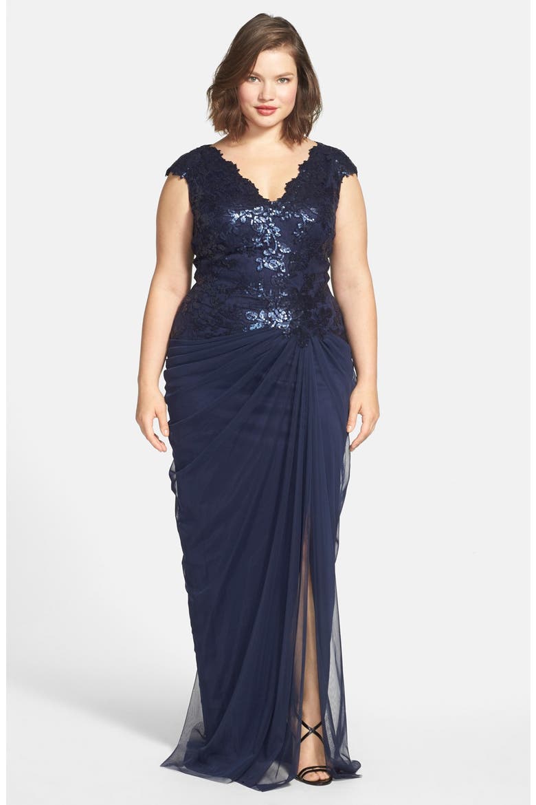 Sequin & Tulle V-Neck Gown, Main, color, ROYAL NAVY
