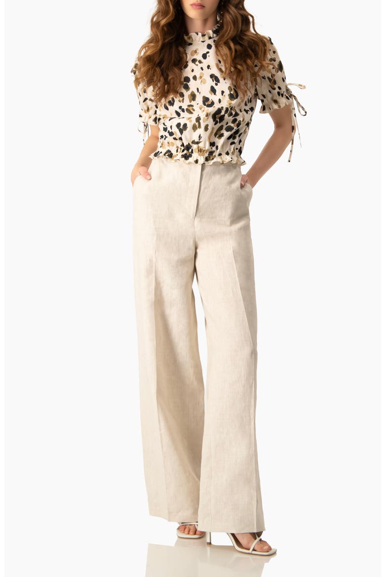 High-Waist Wide-Leg Linen Tailored Pants, Alternate, color, Sand
