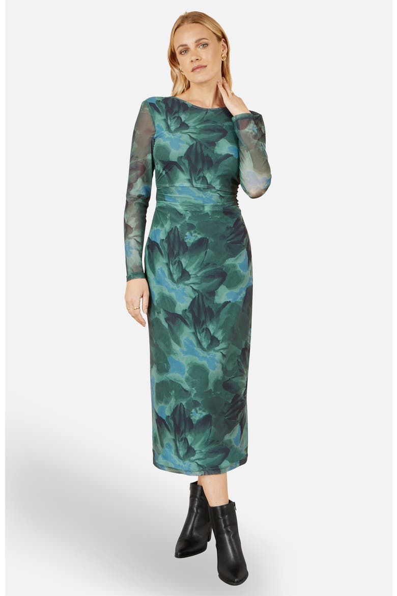 Floral Mesh With Tie Back Bodycon Dress, Main, color, Green