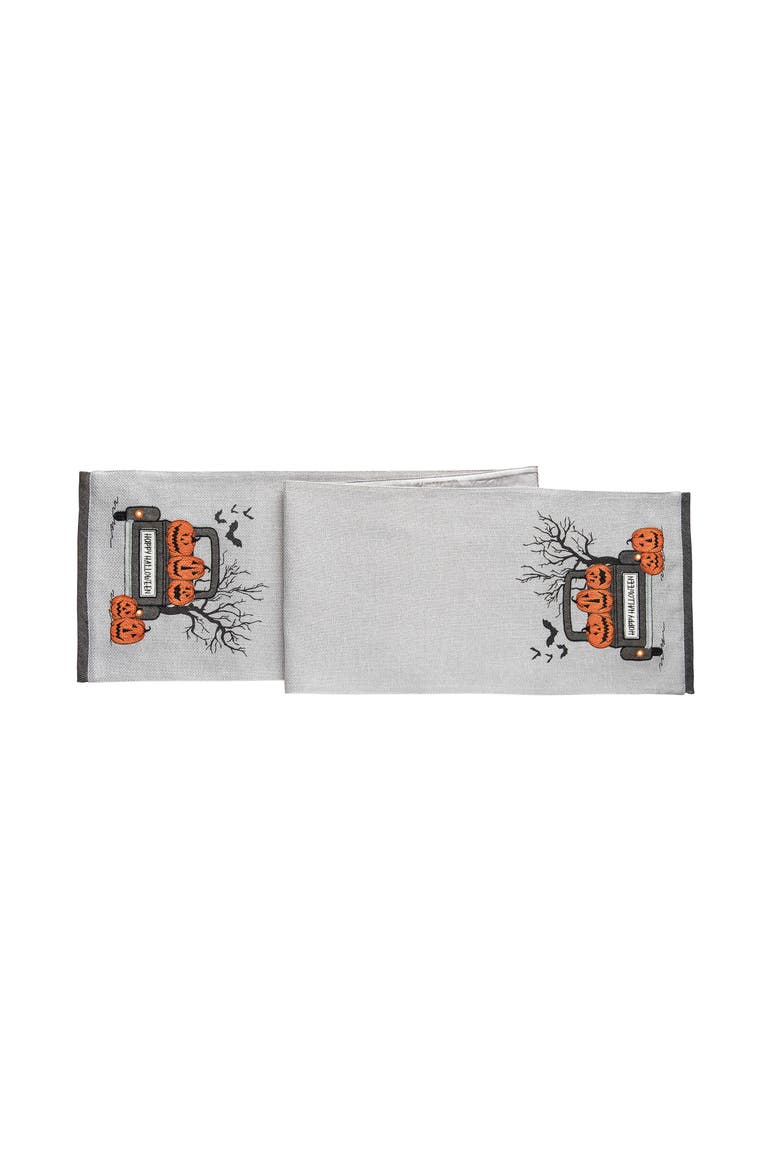 Bats & Jack-O-Lantern Pumpkins "Happy Halloween" Cotton Table Runner 13" x 72", Main, color, Gray
