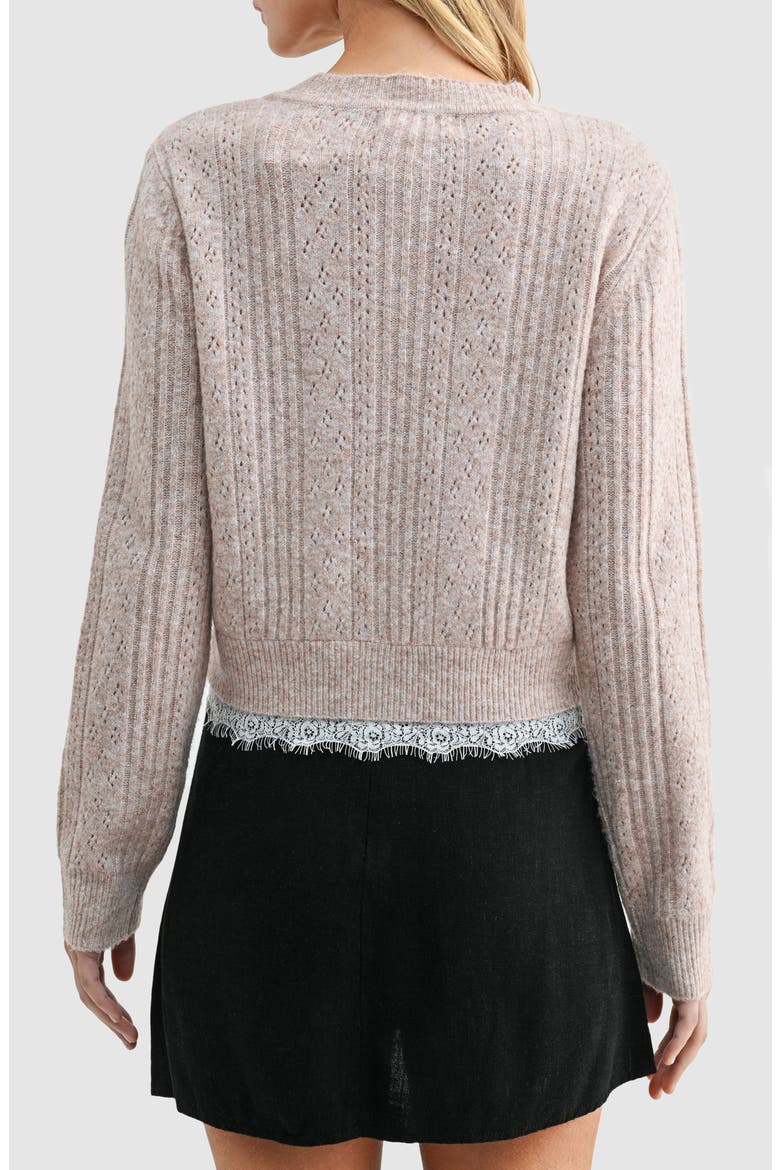 Lace Trim Pointelle Cardigan, Alternate, color, TAUPE