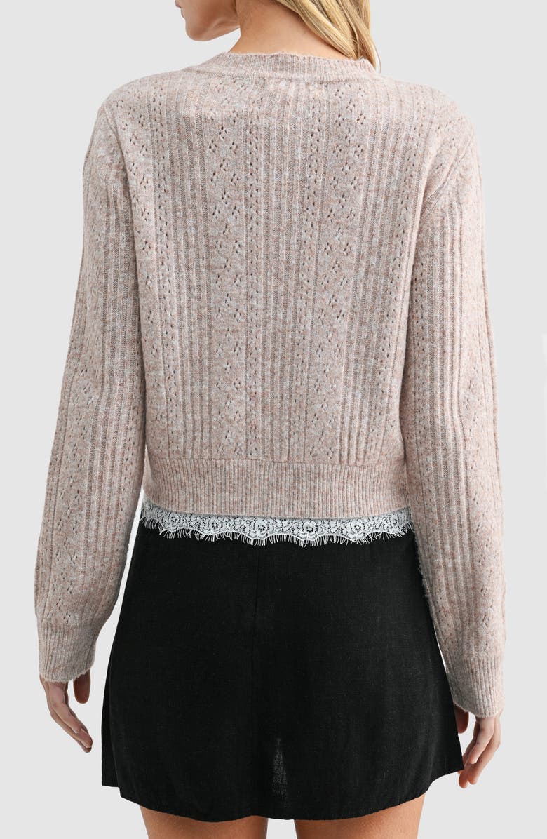 All in Favor Lace Trim Pointelle Cardigan, Alternate, color, Taupe