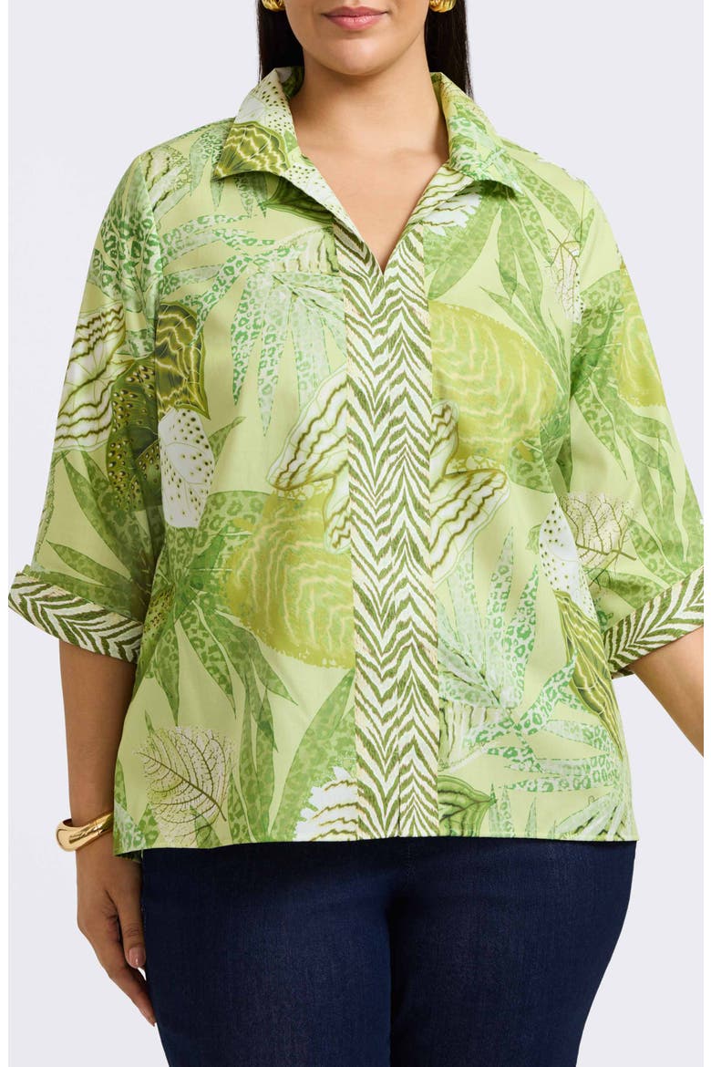 Agnes Mixed Print Three-Quarter Sleeve Cotton Popover Top, Main, color, GREEN MULTI