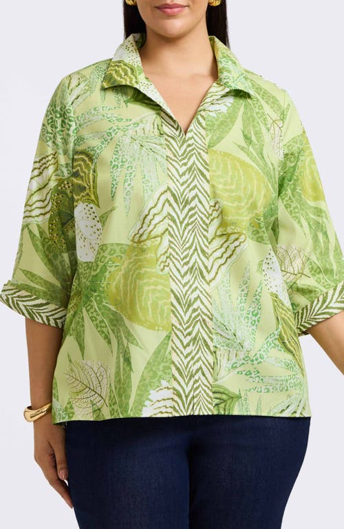 Foxcroft Agnes Mixed Print Three-quarter Sleeve Cotton Popover Top In Green Multi