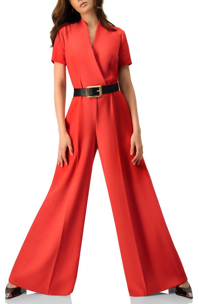 IVONNE Red Wide-Leg Belted Jumpsuit, Alternate, color, Red