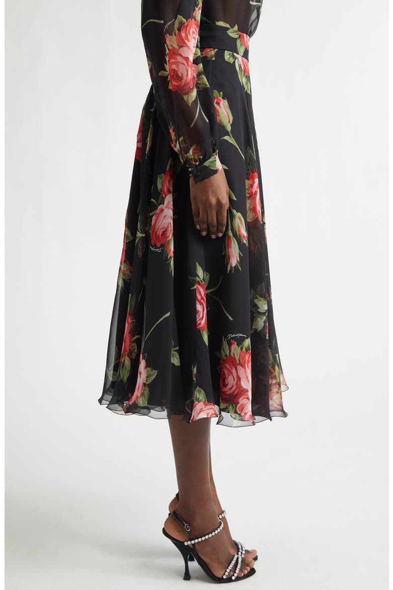 Rose Bouquet Silk Chiffon A-Line Midi Skirt, Alternate, color, BOUQUET ROSE F.NERO