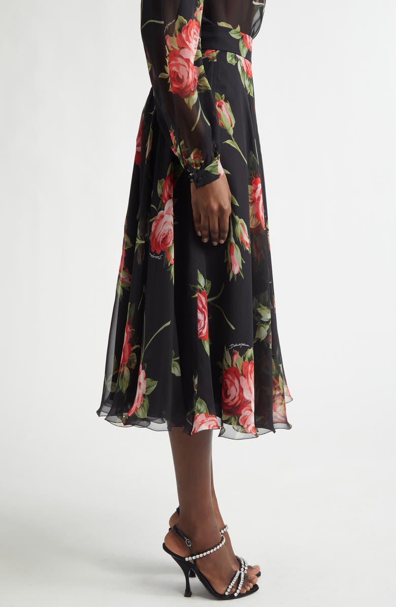 Dolce&Gabbana Rose Bouquet Silk Chiffon A-Line Midi Skirt, Alternate, color, Bouquet Rose F.nero