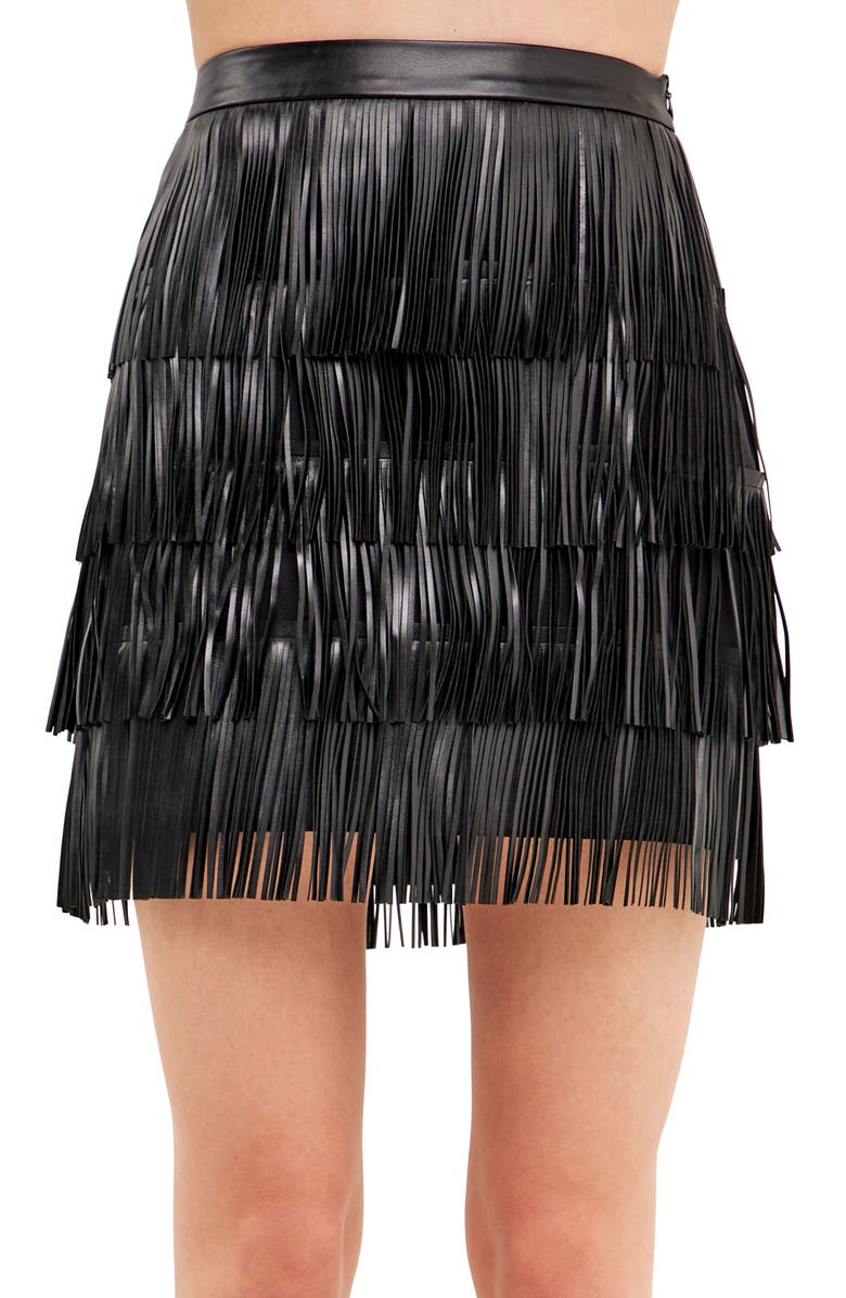 Endless Rose Fringe Tiered Faux Leather Miniskirt, Alternate, color, Black