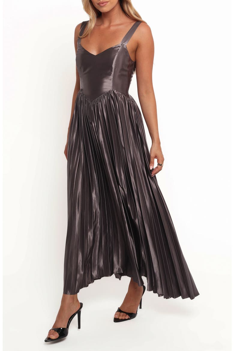 Camala Metallic Satin Pleated Maxi Dress, Alternate, color, GREY SILVER