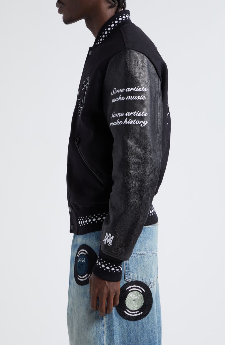 AMIRI x Premier Records Patch Leather Sleeve Wool Blend Varsity Jacket, Alternate, color, Black