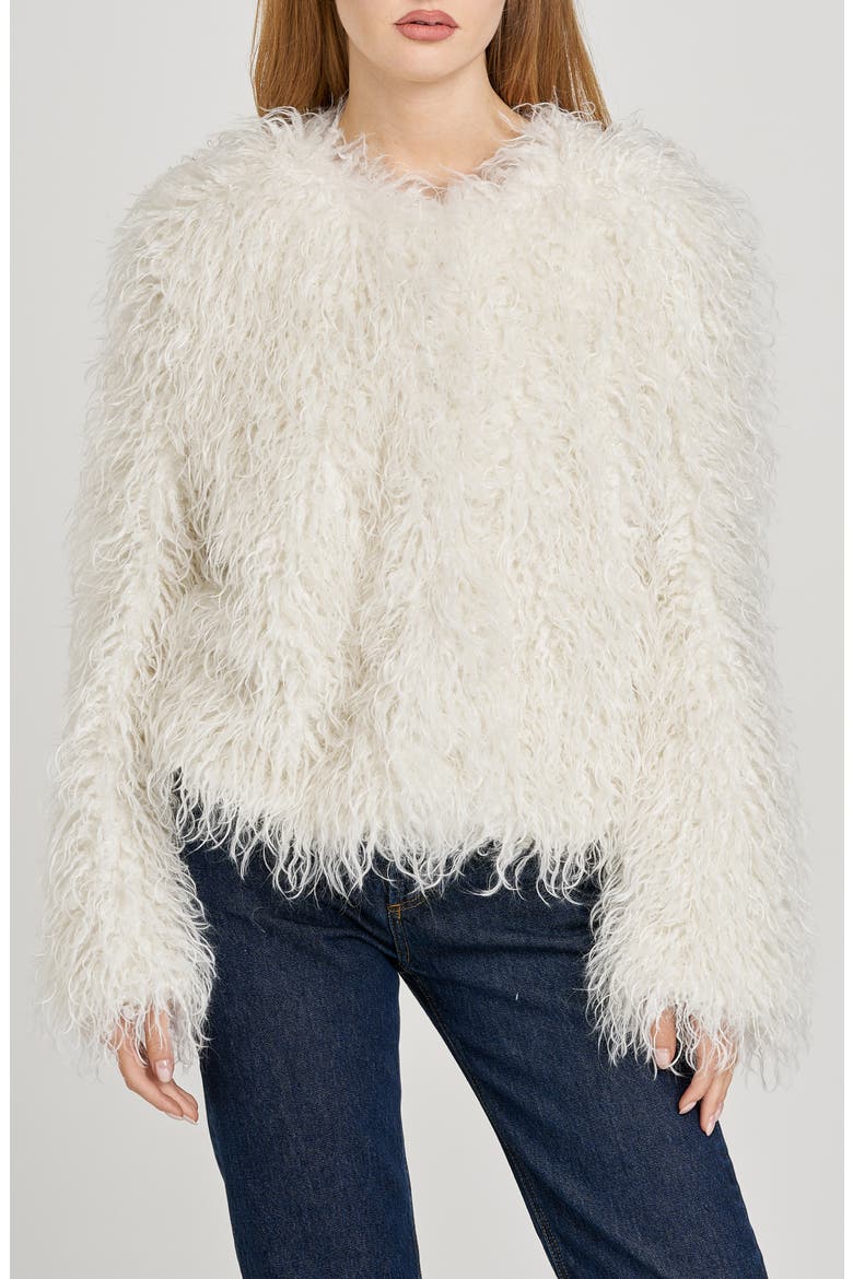 x Sara Walker Bridgette Faux Fur Jacket, Main, color, IVORY