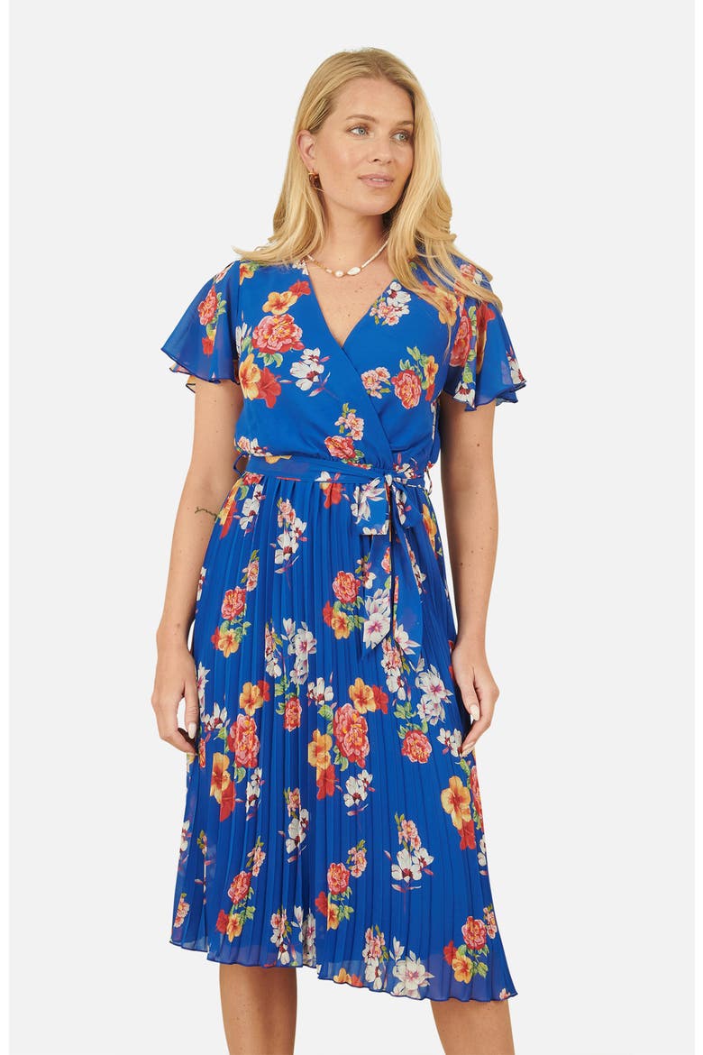 Pleated Floral Tie-Waist Wrap Midi Dress, Alternate, color, Blue