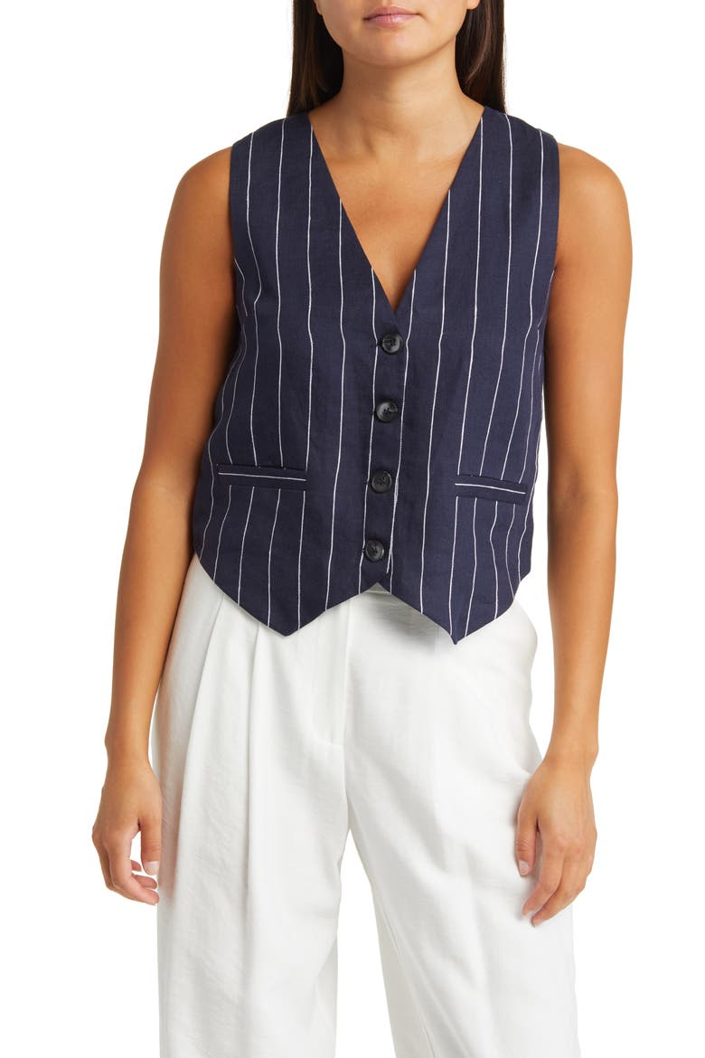 Frances Linen Suit Vest, Main, color, NAVY WHITE STRIPE