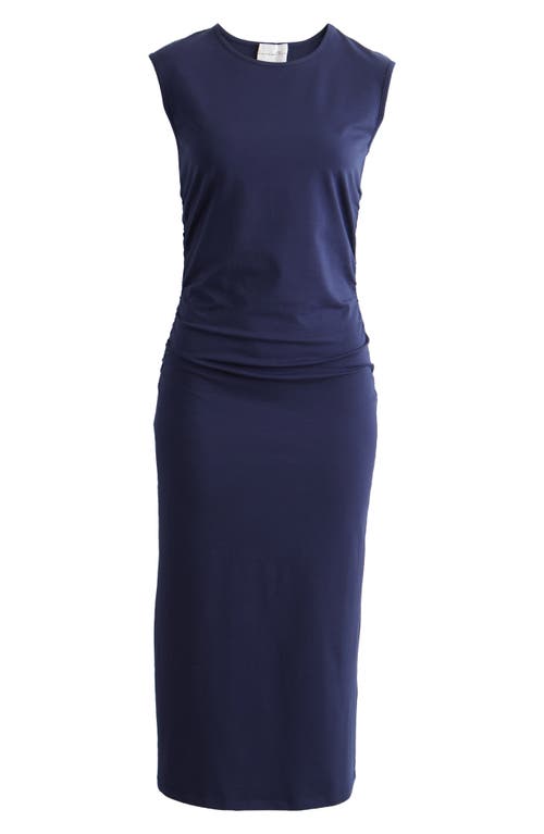 Charles Henry Ruched Sleeveless Stretch Cotton Midi Dress In Navy