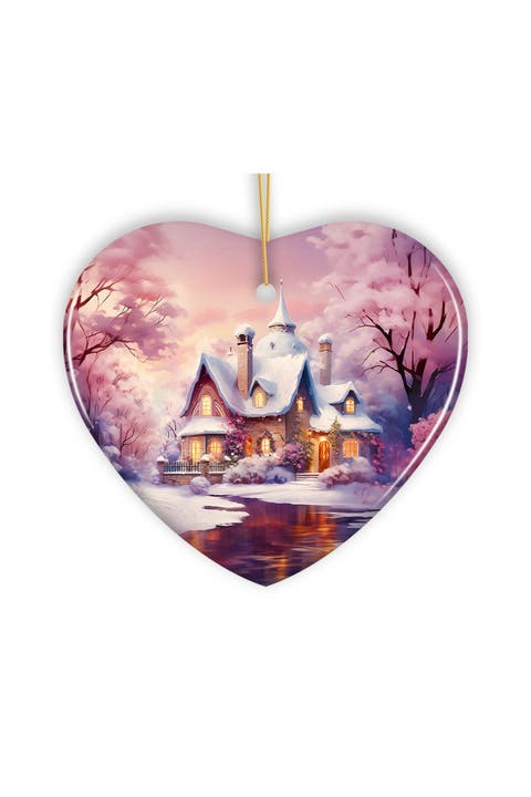Snowy Evening Cottage Illustration Heart Ornament