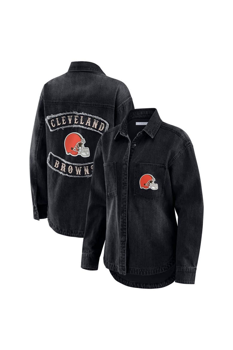 Women's WEAR by Erin Andrews Black Cleveland Browns Washed Oversized Denim Full-Snap Shacket, Main, color, Black