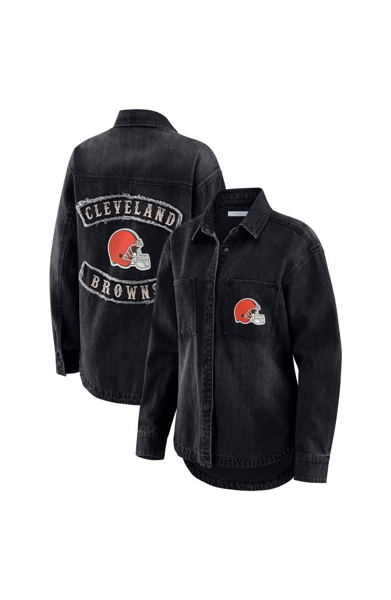 WEAR by Erin Andrews Women's WEAR by Erin Andrews Black Cleveland Browns Washed Oversized Denim Full-Snap Shacket, Main, color, Black