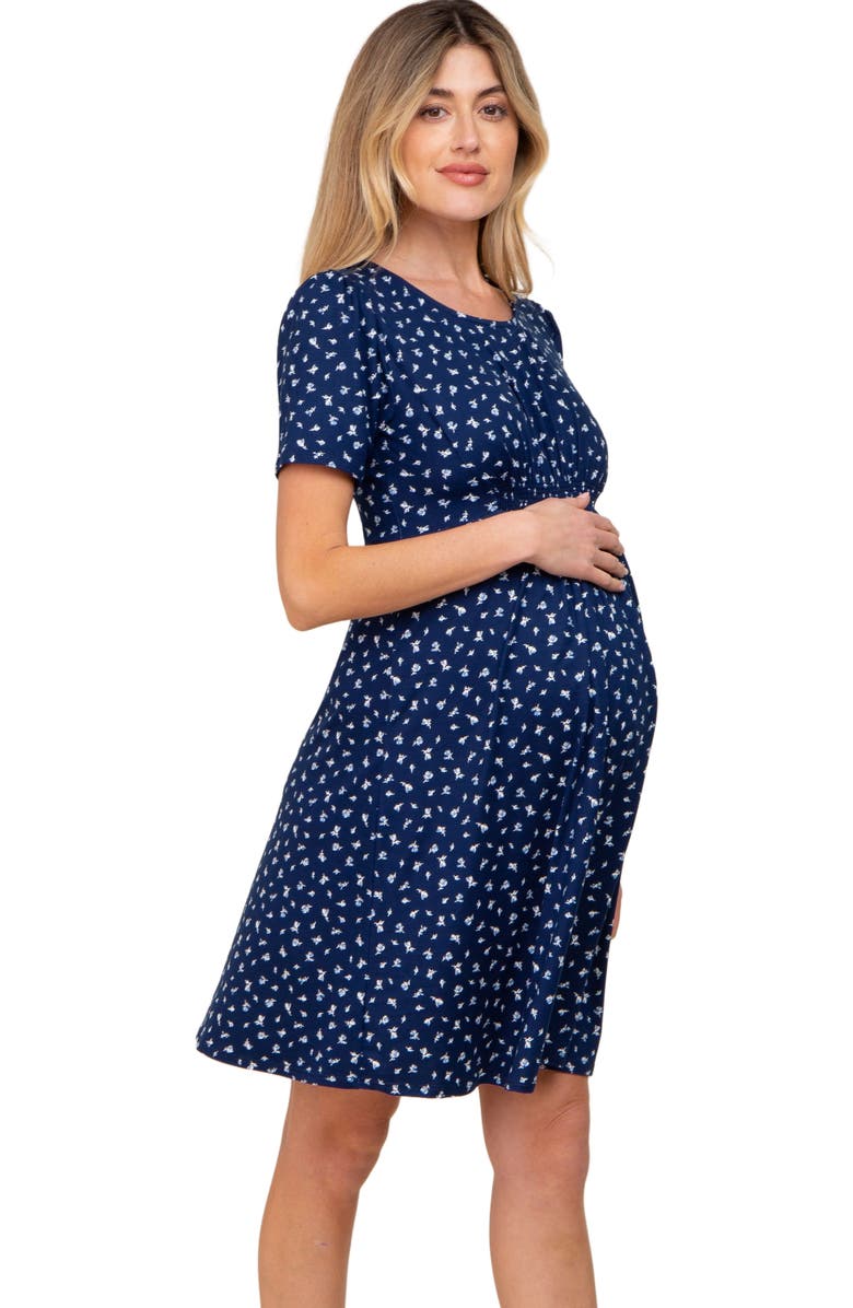 PinkBlush Floral Smocked Short Sleeve Dress, Alternate, color, Navy Blue