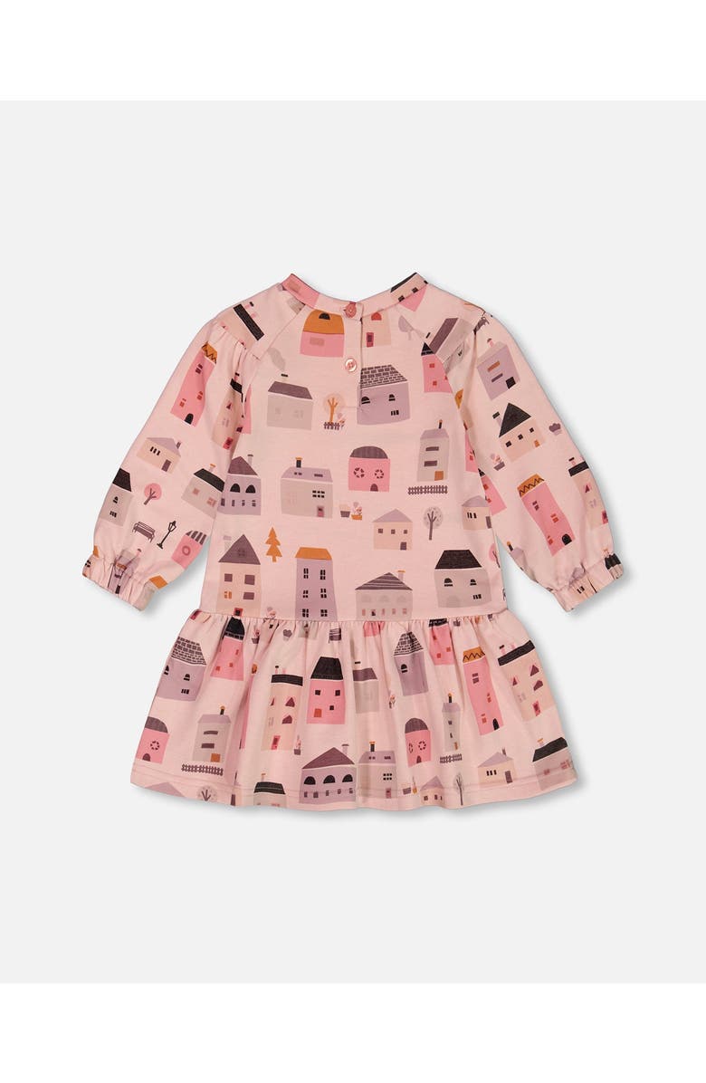 Deux par Deux Little Girl's Printed French Terry Dress Pink And Coral Houses, Alternate, color, 