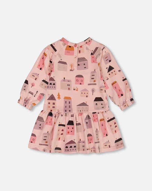 Deux Par Deux Girl's Printed French Terry Dress Pink And Coral Houses In Pink And Coral Houses