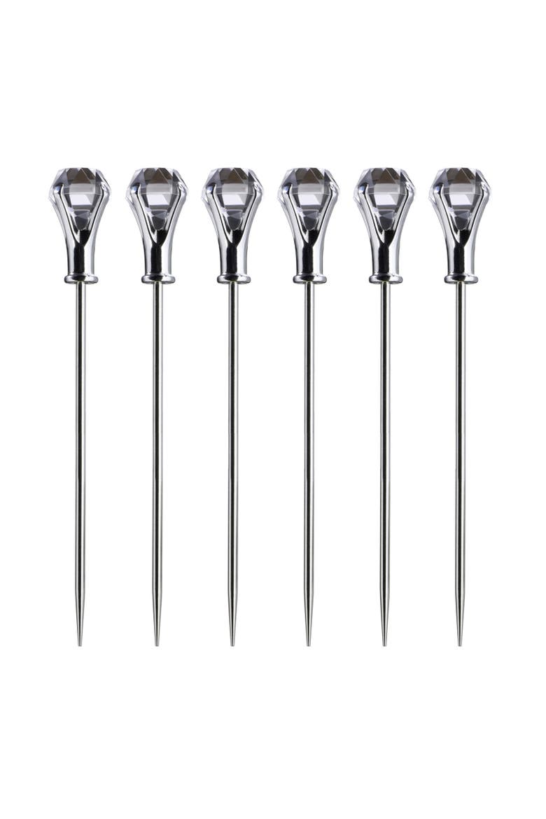 Diamond Head Martini Picks, Set of 6, Acrylic and Stainless Steel, Main, color, Silver