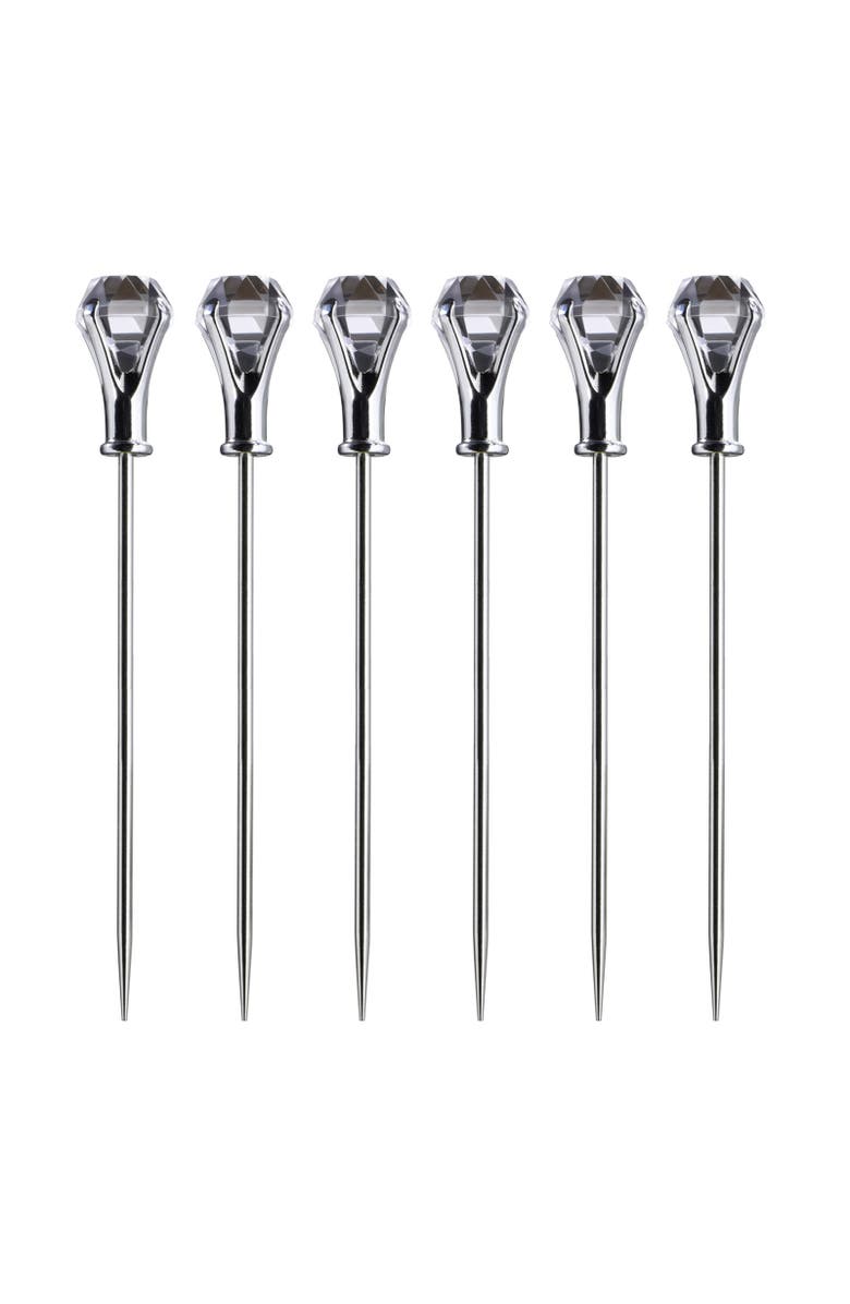 PRODYNE Diamond Head Martini Picks, Set of 6, Acrylic and Stainless Steel, Main, color, Silver