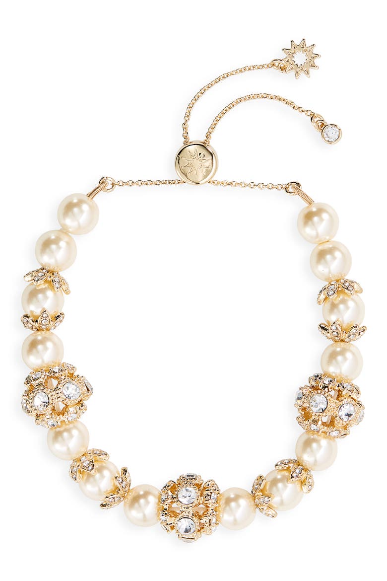 Pavé Crystal & Imitation Pearl Slider Bracelet, Main, color, GOLD/ BLUSH/ CRY