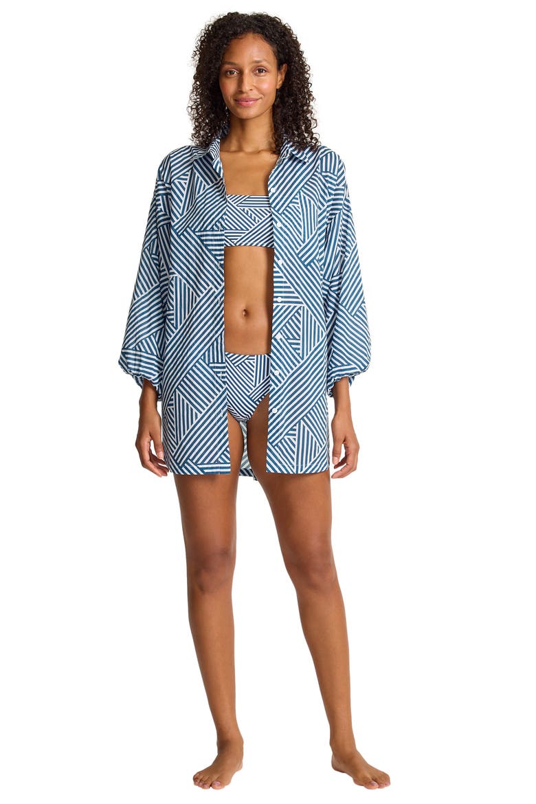 Catalina Coast Cotton Cover-Up Boyfriend Shirt, Alternate, color, INDIGO TIDE