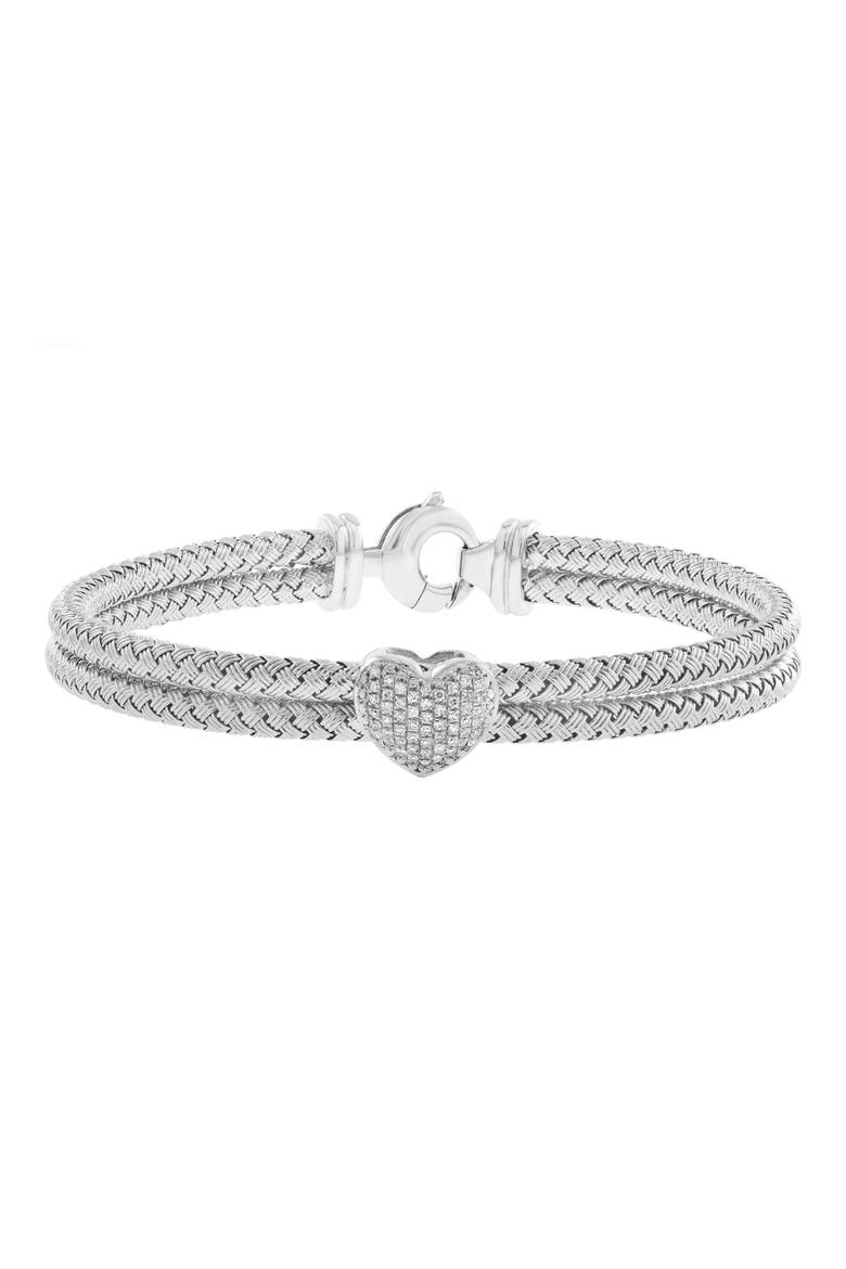 Sterling Silver Pavé Diamond Heart Woven Chain Bracelet, Main, color, SILVER