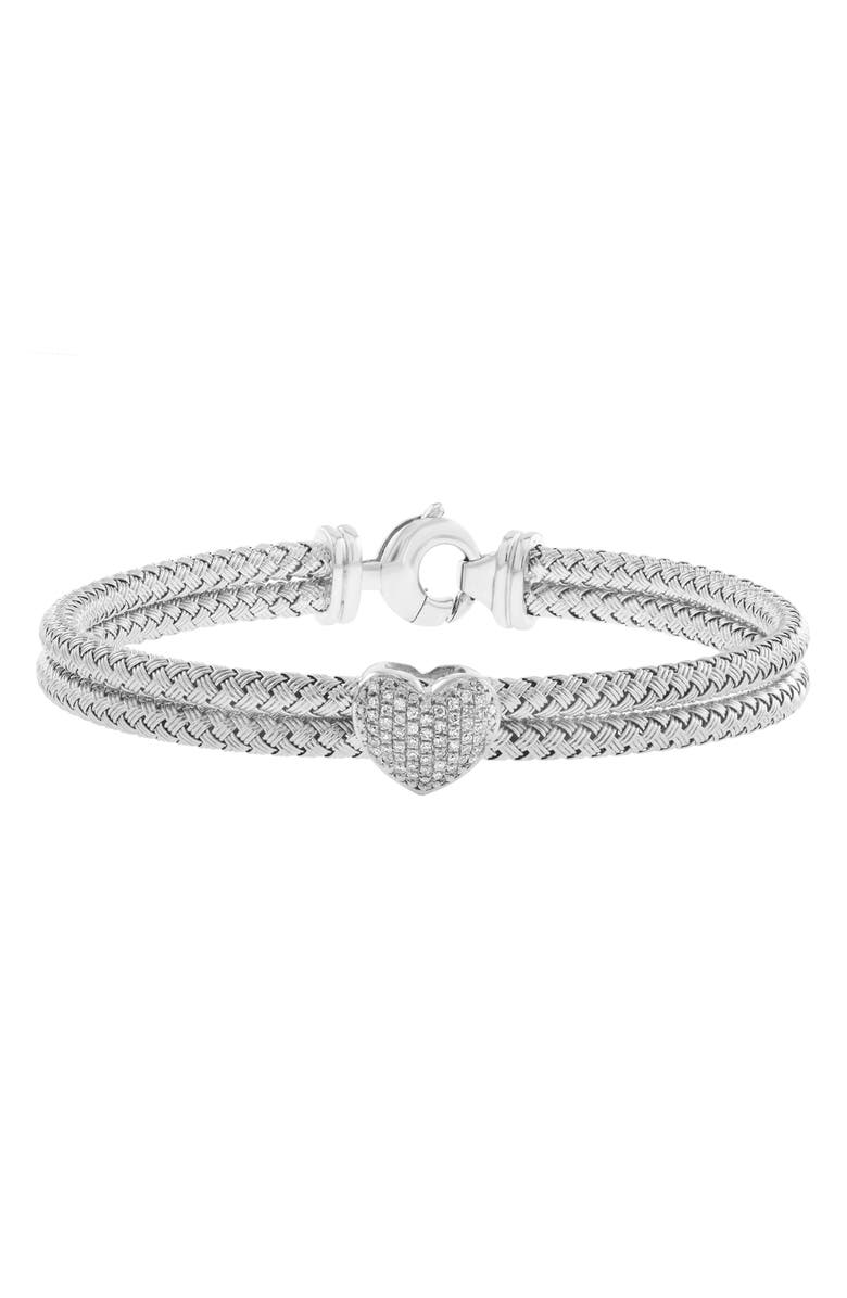 EFFY Sterling Silver Pavé Diamond Heart Woven Chain Bracelet, Main, color,