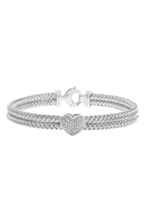 Sterling Silver Pavé Diamond Heart Woven Chain Bracelet