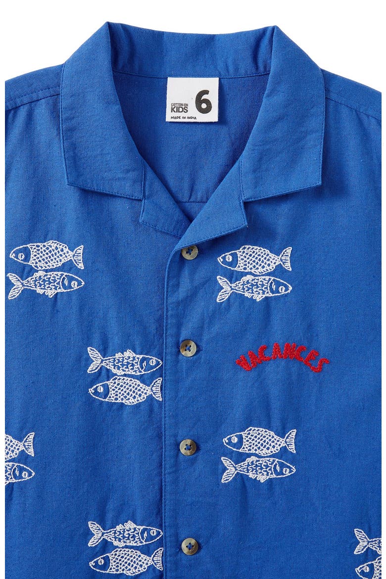 Kid's Cabana Short Sleeve Shirt, Alternate, color, Harbour Blue Fish Embroidery