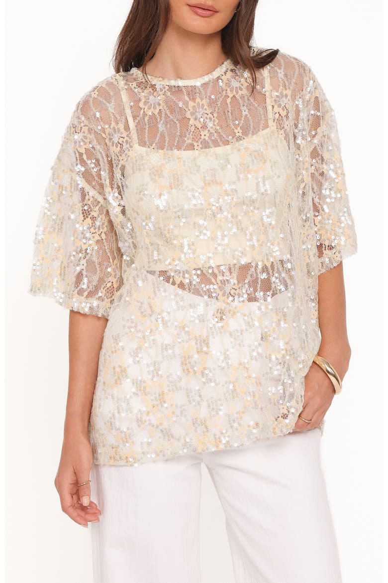 Yonder Oversize Check Sequin Floral Lace Top, Main, color, PALE YELLOW