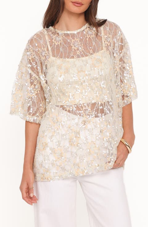 Yonder Oversize Check Sequin Floral Lace Top